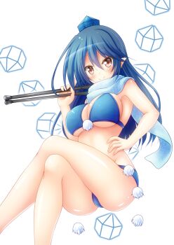 1girl bare_arms bare_legs bikini blue_bikini blue_hair blush breasts brown_eyes closed_mouth commentary_request crossed_legs feet_out_of_frame hair_between_eyes hand_on_own_stomach hat highres holding holding_tripod iizunamaru_megumu long_hair osashin_(osada) pointy_ears pom_pom_(clothes) scarf smile solo swimsuit tokin_hat touhou tripod underboob white_scarf