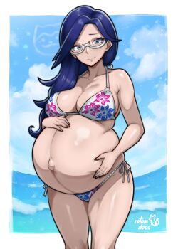 1girl absurdres artist_name bare_arms bare_shoulders big_belly bikini blue_eyes blue_hair blue_sky border breasts closed_mouth cloud cloudy_sky commentary commission english_commentary feet_out_of_frame floral_print floral_print_bikini glasses hair_over_shoulder hands_on_own_stomach highres ko-fi_commission large_breasts light_blush long_hair looking_at_viewer ocean original outie_navel outside_border pregnant print_bikini rotomdocs semi-rimless_eyewear side-tie_bikini_bottom sky smile solo standing string_bikini swimsuit under-rim_eyewear water white_bikini white_border