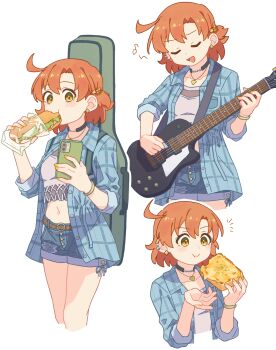 1girl absurdres ahoge blue_jacket blush bracelet choker cropped_legs cup drinking drinking_straw earrings food guitar hatoga_suki highres holding holding_instrument instrument jacket jewelry looking_at_viewer multiple_persona music navel original playing_instrument shirt short_hair smile