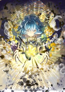1girl andou_shuki blue_dress blue_eyes blue_hair capelet closed_mouth copyright_notice dress hair_ornament hairpin highres looking_at_viewer official_art piruluk solo white_capelet wixoss