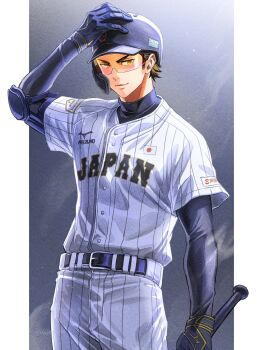 1boy ace_of_diamond baseball_bat baseball_helmet brown_hair closed_mouth commentary_request flag_print gloves hand_on_own_head helmet highres holding holding_baseball_bat japanese_flag japanese_flag_print kusatakesi layered_sleeves long_sleeves looking_at_viewer male_focus miyuki_kazuya pillarboxed short_hair short_over_long_sleeves short_sleeves sideburns solo standing striped_clothes twitter_username vertical-striped_clothes