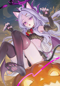 1girl absurdres ahoge alternate_costume animal_ears animal_hands ariko_(aaaaarik) bell black_thighhighs blue_archive bow cat_ears cat_paws claw_pose commentary elbow_gloves fang fingerless_gloves fish_hair_ornament gloves grey_hair hair_bow hair_ornament halo highres hina_(blue_archive) jingle_bell long_hair midriff open_mouth purple_eyes purple_halo purple_nails solo symbol-only_commentary thighhighs