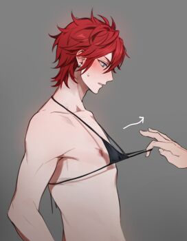 1boy 1other amagi_rinne bikini bikini_pull bikini_top_only black_bikini blue_eyes blush clothes_pull collarbone commentary_request donburi_rn ensemble_stars! from_side highres korean_commentary looking_down male_focus nipples pulling_another&#039;s_clothes red_hair short_hair simple_background solo_focus swimsuit thong_bikini upper_body