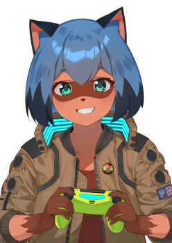 1girl :d animal_ear_fluff animal_ears animal_nose badge blue_hair bob_cut brand_new_animal brown_jacket brown_shirt button_badge claws commentary controller cosplay cyberpunk_(series) cyberpunk_2077 dark-skinned_female dark_skin female_focus furry furry_female game_console game_controller glowing green_eyes grin hair_between_eyes highres holding holding_controller holding_game_controller imori_(lizzy) jacket kagemori_michiru looking_at_viewer multicolored_hair open_mouth patch playstation_4 raccoon_ears raccoon_girl shirt short_hair smile solo symbol-only_commentary teeth thick_eyebrows two-tone_hair unzipped upper_body v_(cyberpunk) v_(cyberpunk_2077) v_(cyberpunk_2077)_(cosplay) valerie_(cyberpunk)