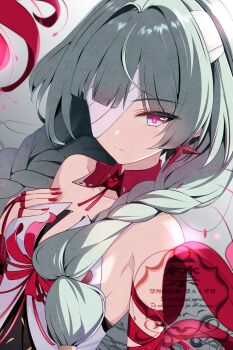 Rule 34 | 1girl, absurdres, bandage over one eye, bare shoulders, breasts, closed mouth, commentary request, earrings, fingernails, furisuku (gerbera), grey eyes, grey hair, highres, jewelry, long hair, looking at viewer, medium breasts, nail polish, phrolova (wuthering waves), red nails, solo, upper body, watermark, wuthering waves