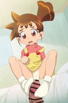 1boy 1girl arm_behind_back bar_censor bare_legs bed bed_sheet bedroom blush brown_eyes brown_hair buttons censored clothes_lift commentary commission d: dress dress_lift dutch_angle erection feet foot_focus footjob footjob_with_legwear furrowed_brow haruno_kasumi heart heart_button highres indoors kasumin knees_up laika_(s4005146) lifting_own_clothes loli long_sleeves looking_at_viewer no_shoes open_mouth panties pantyshot penis pinafore_dress pink_sweater polka_dot polka_dot_panties ponytail short_dress short_hair short_ponytail side_ponytail sitting skeb_commission sleeveless sleeveless_dress socks solo_focus suspenders sweatdrop sweater sweater_under_dress tareme turtleneck turtleneck_sweater underwear white_panties white_socks yellow_dress