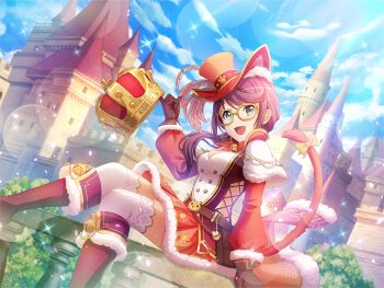 1girl bell belt blue_sky boots breasts brown_belt brown_gloves building cat_tail cosplay crown day fake_tail game_cg glasses gloves green_eyes hand_up hat hat_feather hoshimi_junna knee_boots long_hair long_sleeves looking_at_viewer medium_breasts neck_bell official_art on_railing open_mouth ponytail purple_hair puss_in_boots_(fairy_tale) puss_in_boots_(fairy_tale_character) puss_in_boots_(fairy_tale_character)_(cosplay) railing red_boots red_hat red_skirt shoujo_kageki_revue_starlight shoujo_kageki_revue_starlight_-re_live- sidelocks sitting skirt sky solo tail thighhighs white_thighhighs