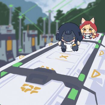 2girls animal_ears animated animated_gif arknights arknights:_endfield black_hair black_jacket blonde_hair cape commentary_request dress endministrator_(arknights) female_endministrator_(arknights) hood hood_up hooded_cape jacket multiple_girls open_clothes open_jacket open_mouth outdoors red_cape rossi_(arknights) shorts umihio white_dress white_shorts wolf_ears wolf_girl yellow_eyes