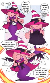 1girl absurdres alternate_costume black_bow black_cape black_ribbon blush_stickers bow brooch cape collared_cape colored_skin curly_hair english_text fire fireball frilled_gloves frills gem ghost_tail gloves hair_over_eyes happy hat hat_bow hat_ribbon high_collar highres jewelry long_hair mario_(series) multiple_views nico-neko nintendo paper_mario paper_mario:_the_thousand-year_door pink_gemstone pink_hair purple_skin pyrokinesis ribbon sidelocks smile striped_clothes striped_headwear two-tone_headwear vivian_(paper_mario) white_gloves witch_hat