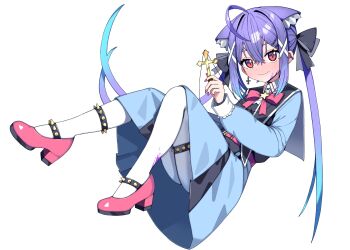 1girl absurdres ahoge animal_ear_fluff animal_ears aqua_hair black_bow black_capelet blood blood_on_face blood_on_leg blue_dress bow capelet closed_mouth cross cross_necklace dress earrings full_body gradient_hair hair_between_eyes hair_bow hair_ornament highres holding holding_cross jewelry looking_at_viewer morumoru_x multicolored_hair nail_polish necklace original pantyhose pink_bow pink_nails pink_shoes purple_blood shoes solo star_(symbol) thigh_strap twintails white_pantyhose x_hair_ornament