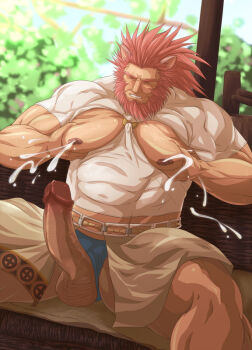 1boy animal_ears bara bare_pectorals beard blue_male_underwear caineghis_(fire_emblem) censored closed_eyes clothing_aside clothing_cutout commentary_request erection facial_hair fire_emblem fire_emblem:_path_of_radiance large_pectorals large_penis large_variant_set male_focus male_lactation male_underwear male_underwear_aside mosaic_censoring muscular muscular_male nintendo nipples nisetetsuo pectorals penis penis_out pointless_censoring red_hair sitting solo testicles underwear variant_set