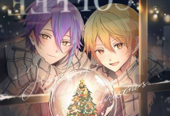 2boys :d blush christmas_tree closed_mouth commentary_request highres kamishiro_rui looking_at_viewer merry_christmas multiple_boys neck_ribbon open_mouth orange_hair project_sekai purple_hair ribbon rk_prpr scarf smile snow_globe tenma_tsukasa window