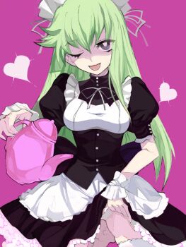 1girl bad_drawr_id bad_id black_dress breasts buttons clothes_lift cowboy_shot dress green_hair heart holding holding_teapot kakaaru kobayakawa_chinu lifting_own_clothes long_hair looking_at_viewer maid maid_headdress oekaki one_eye_closed open_mouth puffy_short_sleeves puffy_sleeves purple_background purple_eyes rance_(series) sengoku_rance short_sleeves skirt skirt_lift small_breasts solo teapot thighhighs thighs white_thighhighs white_wrist_cuffs wrist_cuffs