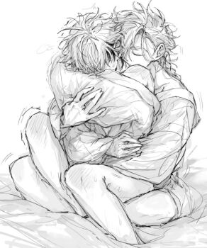2boys anal bare_shoulders bathrobe bed_sheet body_blush bottomless braid braided_ponytail closed_eyes commentary_request greyscale hug hug_from_behind hugging_object implied_sex kiss kissing_neck long_hair male_focus messy_hair monochrome multicolored_hair multiple_boys off_shoulder on_bed pillow pillow_hug reverse_upright_straddle sex sex_from_behind shiguang_dailiren short_hair single_braid sitting sitting_on_lap sitting_on_person sketch sweat trembling two-tone_hair tyoookozuki xia_fei xiao_weiying yaoi