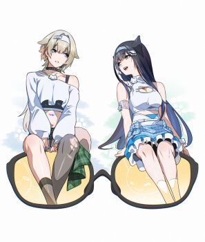 2girls animal_ears armband blue_eyes cleavage_cutout clothing_cutout collar crop_top crop_top_overhang fake_animal_ears frilled_skirt frills fune_(fune83ojj) goddess_of_victory:_nikke grey_hair greyscale hairband headset highres idol kneehighs long_hair long_sleeves looking_at_another mint_(nikke) monochrome multiple_girls navel open_mouth parted_lips prika_(nikke) shorts single_off_shoulder single_thighhigh sitting skirt sleeveless socks spiked_collar spikes sports_bra sunglasses thighhighs thighs tinted_eyewear torn_clothes torn_thighhighs white_background yellow-tinted_eyewear