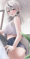Rule 34 | 1girl, grey hair, hololive, looking at viewer, mofu07519, multicolored hair, open mouth, red eyes, sakamata chloe, shirt, shorts, smile, solo, standing, streaked hair, white shirt