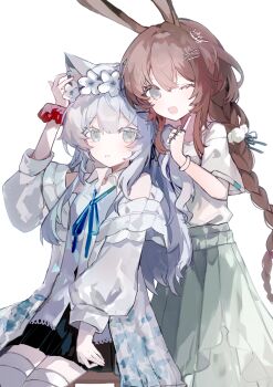 2girls ;d absurdres alternate_costume amiya_(arknights) animal_ear_fluff animal_ears arknights black_skirt bracelet braid brown_hair cat_ears cat_girl chinese_commentary closed_mouth collared_shirt commentary_request cowboy_shot equal02 flower flower_wreath green_eyes green_skirt grey_hair hair_between_eyes hair_ornament hairclip hand_up head_wreath highres jacket jewelry long_hair looking_at_viewer miniskirt multiple_girls one_eye_closed open_mouth pleated_skirt rabbit_ears ring rosmontis_(arknights) shirt single_braid sitting skirt smile standing white_background white_flower white_jacket white_shirt
