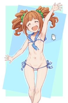 1girl :d ^_^ absurdres arm_up bikini blue_sailor_collar breasts closed_eyes facing_viewer feet_out_of_frame heppoko_r highres idolmaster idolmaster_(classic) loli navel nipples official_alternate_costume open_mouth orange_hair sailor_bikini sailor_collar sailor_swimsuit_(idolmaster) short_hair small_breasts smile solo standing string_bikini swimsuit takatsuki_yayoi twintails waving white_bikini