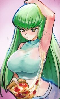 1girl absurdres arm_up armpits bad_link blush breasts c.c. code_geass drawfag food green_hair hand_on_own_head highres holding holding_food holding_pizza large_breasts long_hair looking_at_viewer loose_hair_strand pizza pizza_slice presenting_armpit shirt sleeveless sleeveless_shirt solo turtleneck turtleneck_shirt upper_body very_long_hair white_shirt yellow_eyes