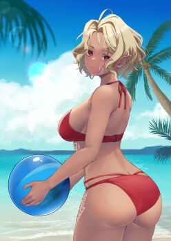 1girl ahoge ass ball beach beachball bikini blonde_hair body_markings breasts butt_crack character_request closed_mouth cloud commentary_request commission copyright_request earrings facial_mark highres holding holding_ball holding_beachball jewelry looking_at_viewer palm_tree pink_eyes pointy_ears ramachiru red_bikini short_hair skeb_commission sky solo swimsuit tree