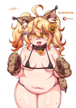1girl @_@ absurdres ahoge animal_ear_fluff animal_ears artist_name bandaid bandaid_on_face bandaid_on_nose bell belly belt_collar bikini black_bikini black_choker blonde_hair body_freckles breasts cat_ears catastrothy choker collar cyan_(vtuber) fang fat fat_woman fish_skeleton fish_skeleton_hair_ornament flower freckles gloves hair_flower hair_ornament highres jingle_bell medium_breasts medium_hair micro_bikini mole mole_on_breast muffin_top neck_bell open_mouth original patreon_logo paw_gloves plump shoulder_freckles solo standing sunflower sunflower_hair_ornament sweat swimsuit tongue twintails virtual_youtuber wavy_mouth white_background wide_hips yellow_eyes