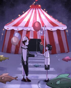 Rule 34 | 1boy, 1girl, balloon, black hair, bubble, circus, circus tent, clown, commentary request, crosswalk, fish, from side, hat, highres, holding, holding balloon, kodama madako, mask, neck ruff, night, original, pedestrian lights, profile, shirt, shoes, sky, standing, star (sky), starry sky, t-shirt, tent, white shirt