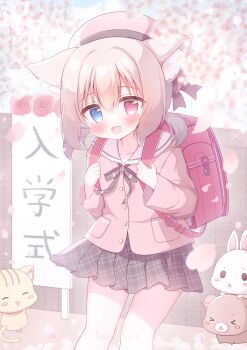 1girl :3 :d animal_ear_fluff animal_ears backpack bag black_ribbon black_skirt blue_eyes blush brown_hair buttons cat_ears cat_girl cherry_blossoms collarbone commentary_request commission day entrance_ceremony feet_out_of_frame hair_between_eyes hanasakichu hat heterochromia highres jacket long_sleeves looking_at_viewer neck_ribbon open_mouth original outdoors petals pink_hat pink_jacket plaid_clothes plaid_skirt pleated_skirt randoseru red_eyes ribbon sailor_collar school_uniform serafuku short_hair skeb_commission skirt smile solo standing white_sailor_collar