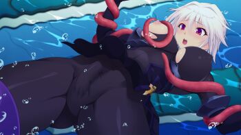 1girl air_bubble arisia_hellioxenes blush bodysuit breasts bubble bulge erection erection_under_clothes futanari futasub game_cg kourin_tenshi_en_ciel_rena large_breasts large_variant_set nipples non-web_source official_art open_mouth purple_eyes red_eyes restrained saitou_natsuki short_hair skin_tight solo suhamaya tentacles tentacles_under_clothes torn_clothes underwater underwear variant_set white_hair