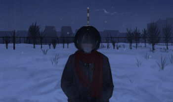 1girl absurdres black_coat black_hair coat commentary_request expressionless hair_over_one_eye hands_in_pockets highres long_bangs long_sleeves night one_eye_covered original outdoors parted_lips qian_(ochaatui33) red_scarf scarf scenery short_hair sky smokestack snow snowing solo straight-on tree upper_body wispy_bangs
