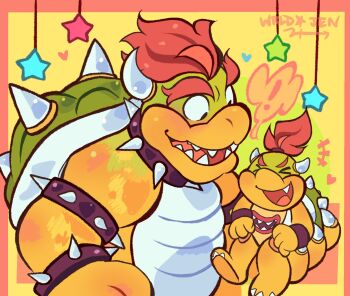 Rule 34 | !, +++, 2boys, armlet, artist name, bowser, bowser jr., bracelet, closed mouth, collar, commentary, english commentary, fangs, father and child, father and son, furry, furry male, heart, highres, horns, jewelry, male focus, mario (series), multiple boys, nintendo, open mouth, parent and child, red hair, smile, speech bubble, spiked armlet, spiked bracelet, spiked collar, spiked shell, spikes, spoken exclamation mark, wrldstarjen
