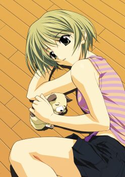 absurdres dog green_hair highres looking_to_the_side memories_off memories_off_1 non-web_source official_art on_floor open_mouth otowa_kaoru shirt shorts sleeveless t-shirt wooden_floor