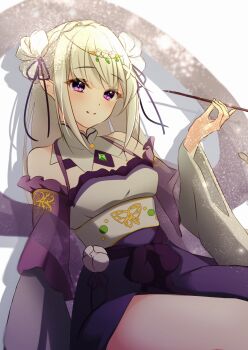 1girl absurdres bare_shoulders blush braid breasts closed_mouth crown_braid dress emilia_(re:zero) flower gem green_gemstone hair_flower hair_ornament hair_ribbon highres holding holding_smoking_pipe kiseru long_hair looking_at_viewer pointy_ears purple_eyes purple_ribbon rain_re_a re:zero_kara_hajimeru_isekai_seikatsu ribbon sash smile smoking_pipe solo white_flower white_hair wide_sleeves