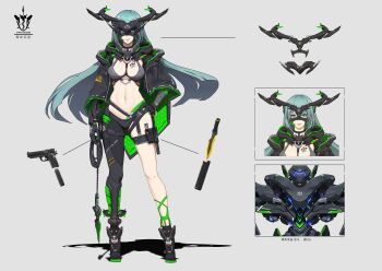 1girl ankle_boots aqua_eyes aqua_hair asymmetrical_clothes barcode_tattoo blue_eyes boots breast_tattoo breasts reference_sheet commentary_request earrings glowing glowing_eyes grey_background gun hand_on_own_hip headgear heng_z highres holding holding_whip holster holstered jacket jewelry knife large_breasts logo long_hair machine mask unworn_mask mecha midriff multiple_views navel open_clothes open_jacket original pouch revealing_clothes robot single_pantsleg smile tail tattoo thigh_strap translation_request weapon whip zipper