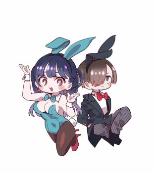 1boy 1girl animal_ear_hairband animal_ears aqua_bow aqua_bowtie aqua_leotard black_hair black_jacket black_shoes blue_eyes blush_stickers boku_no_kokoro_no_yabai_yatsu bow bowtie breasts brown_eyes brown_hair brown_pantyhose bunny_day chibi chibi_only closed_mouth commentary detached_collar earrings fake_animal_ears fake_tail grey_pants hair_over_one_eye hairband heart heart-shaped_pupils heart_earrings high_heels highres ichikawa_kyoutarou jacket jewelry large_breasts leotard looking_at_viewer official_art open_mouth pants pantyhose playboy_bunny rabbit_ear_hairband rabbit_ears rabbit_tail red_bow red_bowtie red_shoes sakurai_norio shoes simple_background smile strapless strapless_leotard striped_clothes striped_pants symbol-only_commentary symbol-shaped_pupils tail vertical-striped_clothes vertical-striped_pants white_background white_wrist_cuffs wrist_cuffs yamada_anna