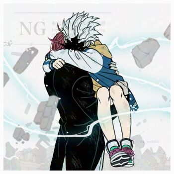 Rule 34 | 1boy, 1girl, arm around back, arms around neck, ayase momo, black jacket, black nails, blue jacket, brown hair, carrying, couple, dandadan, debris, full body, gakuran, hetero, hood, hood down, hooded jacket, hug, jacket, k ysd001, nail polish, princess carry, school uniform, shoes, short hair, sneakers, takakura ken (dandadan), takakura ken (transformed) (dandadan), twintails, upper body, white hair, white sleeves