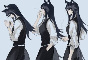1girl animal_ear_fluff animal_ear_piercing animal_ears arknights black_hair black_tail black_vest chinese_commentary cigarette collared_shirt commentary_request fire grey_background grey_shirt hair_between_eyes hand_in_pocket highres holding holding_cigarette lighter long_hair looking_at_viewer looking_down looking_up lskkdskkd multiple_views profile shirt simple_background sketch smoke smoking tail texas_(arknights) vest wolf_ears wolf_girl yellow_eyes