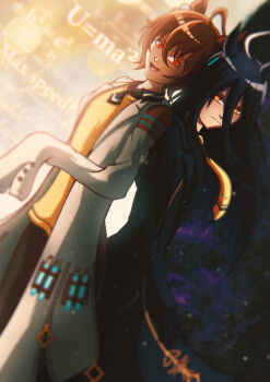 Rule 34 | 2girls, absurdres, agnes tachyon (tach-nology) (umamusume), agnes tachyon (umamusume), ahoge, animal ears, back-to-back, battywanderer, black coat, black gloves, black hair, black necktie, black pantyhose, brown hair, closed mouth, coat, commentary request, cork, e=mc2 (equation), ear tag, earrings, equation, gloves, hair between eyes, highres, horse ears, horse girl, horse tail, jewelry, lab coat, long bangs, long hair, long hair between eyes, long sleeves, looking at viewer, manhattan cafe (creeping black) (umamusume), manhattan cafe (umamusume), multicolored hair, multiple girls, necktie, open mouth, pantyhose, red eyes, shirt, short necktie, single earring, skirt, sleeves past fingers, sleeves past wrists, smile, sweater, sweater vest, tail, umamusume, white coat, white hair, yellow eyes, yellow necktie, yellow sweater, yellow sweater vest