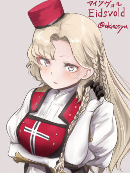 1girl akino_shuu asymmetrical_hair blonde_hair braid breasts character_name eidsvold_(kancolle) gloves grey_background grey_eyes hat kantai_collection large_breasts long_hair long_sleeves looking_at_viewer puffy_long_sleeves puffy_sleeves red_hat ribbon side_braids solo twitter_username upper_body white_gloves