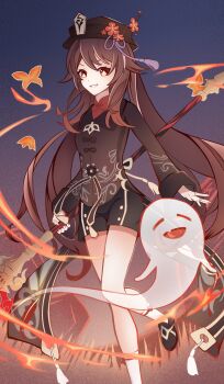1girl :d absurdres argentrt black_shorts brown_hair bug butterfly chinese_clothes coat commentary_request fire flower full_body genius_invokation_tcg_(style) genshin_impact ghost grin hair_between_eyes hat hat_flower hat_ornament highres holding holding_polearm holding_weapon hu_tao_(genshin_impact) insect jewelry kneehighs long_hair long_sleeves looking_at_viewer open_mouth polearm red_eyes ring shoes shorts sidelocks smile socks solo spear standing standing_on_one_leg symbol-shaped_pupils twintails weapon white_socks wide_sleeves