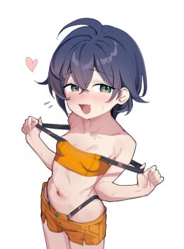1girl :d aged_down ahoge arsyky14 bandeau bare_shoulders belle_(zenless_zone_zero) blush breasts collarbone cowboy_shot crossed_bangs fang green_eyes hair_between_eyes heart loli looking_at_viewer midriff navel open_mouth orange_shorts short_hair short_shorts shorts simple_background skin_fang small_breasts smile solo sweat underwear white_background zenless_zone_zero