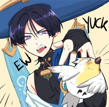 Rule 34 | 1boy, aqua gem, armpit crease, bird, black bodysuit, black bridal gauntlets, black hair, blue cape, blue hat, blue kimono, blunt ends, bodysuit, bridal gauntlets, bright pupils, cape, commentary, english commentary, english text, eyeliner, eyeshadow, finch, gem, genshin impact, gold, gold ring, hair between eyes, hair intakes, hand up, hat, highres, japanese clothes, jingasa, juban, kimono, looking at animal, makeup, male focus, middle ring, onac911, open clothes, open hand, open kimono, purple eyes, red eyeliner, red eyeshadow, rejection, scaramouche (genshin impact), single bare shoulder, single off shoulder, solo, tears, teeth, tongue, tongue out, tsurime, turtleneck, turtleneck bodysuit, upper teeth only, vision (genshin impact), wanderer (genshin impact), white kimono, white pupils, yellow background