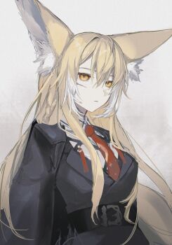 1girl animal_ear_fluff animal_ears arknights belt belt_buckle black_belt black_jacket blazer blonde_hair buckle closed_mouth commentary expressionless facial_scar grey_background hair_between_eyes highres jacket jacket_on_shoulders long_hair looking_at_viewer mochi194745 multicolored_hair necktie one-hour_drawing_challenge red_necktie scar scar_on_cheek scar_on_face solo streaked_hair upper_body vulpisfoglia_(arknights) white_hair yellow_eyes