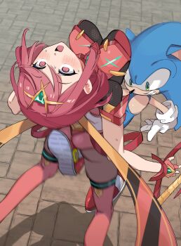 1boy 1girl absurdres animal_ears arched_back blue_fur blush bob_cut bouncing_breasts breasts brick_road clenched_teeth cunt_punt derivative_work furry furry_male gloves green_eyes highres hotline_yatuzi kicking large_breasts motion_blur nintendo pyra_(xenoblade) red_eyes red_hair red_shoes shoes short_hair sonic_(series) sonic_the_hedgehog standing super_smash_bros. sweat swept_bangs sword teeth thighs tiara weapon white_gloves wide-eyed xenoblade_chronicles_(series) xenoblade_chronicles_2