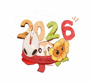 1girl 2026 arthropod_girl artist_name back-to-back bird black_eyes chinese_commentary cloak closed_mouth commentary_request crossover film_grain flower from_above full_body gen_7_pokemon grass highres hightguy hollow_eyes hollow_knight hollow_knight:_silksong horned_mask hornet_(hollow_knight) leaf looking_at_viewer mask nintendo no_mouth owl plants_vs._zombies pokemon pokemon_(creature) red_cloak red_scarf rowlet scarf simple_background solid_oval_eyes string sunflower sunflower_(plants_vs._zombies) white_background white_mask