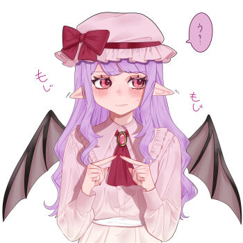 1girl absurdres alternate_hair_length alternate_hairstyle ascot averting_eyes bat_wings blush bow brooch commentary_request fang fingernails frilled_hat frilled_sailor_collar frills hat hat_bow highres index_fingers_together jewelry long_hair long_sleeves mnju_dayo mob_cap nail_polish partial_commentary pink_hat pink_shirt pink_skirt pointy_ears purple_hair red_ascot red_bow red_eyes remilia_scarlet sailor_collar shirt simple_background skin_fang skirt solo speech_bubble straight_hair sweatdrop touhou translation_request upper_body white_background wings