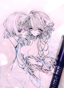 Rule 34 | 1boy, 1girl, art tools in frame, aya carmine, breasts, cigarette, clothes down, commentary request, couple, expressionless, hetero, highres, hitomi hirosuke (sayonara wo oshiete), jacket, lineart, looking at viewer, medium breasts, millipen (medium), monochrome, nipples, pen (medium), photo (medium), sayonara wo oshiete, sugamo mutsuki, traditional media, unfinished