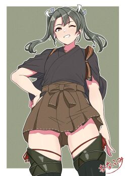 Rule 34 | 1girl, border, brown hakama, brown skirt, commentary request, cowboy shot, gluteal fold, green background, green eyes, green hair, grey shirt, grin, hair between eyes, hair ribbon, hakama, hakama short skirt, hakama skirt, hand on own hip, highres, japanese clothes, kantai collection, long hair, nanafumi (nanafumino), one eye closed, ribbon, shirt, skirt, smile, solo, thighhighs, twintails, white border, white ribbon, zuikaku (kancolle), zuikaku kai ni (kancolle)