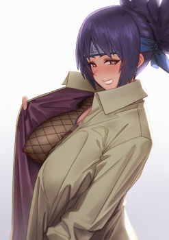 1girl black_hair bodystocking breast_slip breasts brown_coat brown_eyes coat covered_erect_nipples fishnet_bodystocking fishnets flashing forehead_protector heart heart-shaped_pupils highres huge_breasts jewelry konohagakure_symbol mitarashi_anko naruto_(series) necklace no_bra open_clothes open_coat qingmingtongzi smile solo symbol-shaped_pupils trench_coat