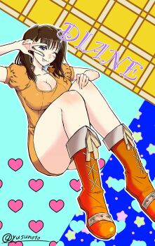 Rule 34 | 1girl, ;p, ass, boots, breasts, brown hair, character name, cleavage, diane (nanatsu no taizai), heart, highres, large breasts, leotard, long hair, looking at viewer, nanatsu no taizai, one eye closed, purple eyes, thighs, tongue, tongue out, twintails, v, wink, yusunoto