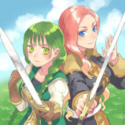 Rule 34 | 2girls, back-to-back, black jacket, blonde hair, blue eyes, blue sky, braid, breasts, brown dress, brown gloves, brown jacket, cloud, cloudy sky, colored tips, commentary request, day, dress, eclair seaetto, gloves, grass, green dress, green eyes, green hair, highres, holding, holding sword, holding weapon, jacket, light smile, long hair, looking at viewer, medium breasts, minami seira, multicolored hair, multiple girls, outdoors, pink hair, rishia ivyred, sky, standing, sweatdrop, sword, tate no yuusha no nariagari, turtleneck, turtleneck jacket, twin braids, uniform, upper body, weapon, white dress